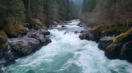 Fototapeta premium Fast-flowing river through rocky gorge. Lush forest surrounds