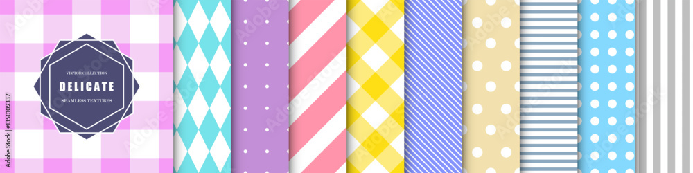 Aufkleber Collection of colorful delicate geometric seamless patterns. Simple cute bright backgrounds with lines and dots. Repeatable unusual minimalistic prints. Textile endless textures