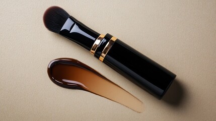 A high-end foundation brush with a glossy handle, displayed beside a dewy foundation bottle.