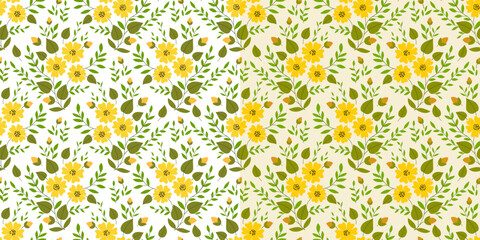 Cute spring bouquet seamless pattern. Summer yellow flowers and green leaves. Floral graceful background in country style. Vintage cotton fabric