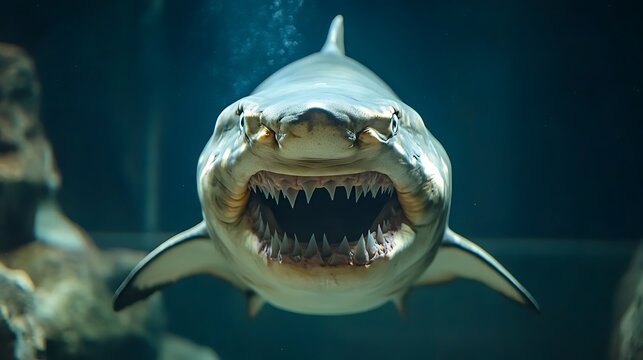 Close-up of a sand tiger shark's open mouth.