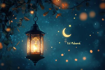 A glowing lantern hanging from a branch with eid mubaarak and a crescent moon in the night sky