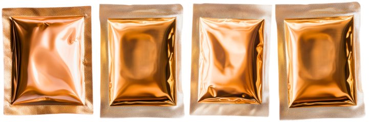 set of 4 empty golden foil packages isolated over transparent (white) background; concept of condom sachet, cosmetics bag, food pack; mock-up cardboard box