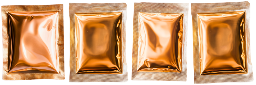 set of 4 empty golden foil packages isolated over transparent (white) background; concept of condom sachet, cosmetics bag, food pack; mock-up cardboard box