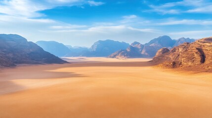 Fototapeta premium Expansive desert landscape under blue sky with rocky mountain views