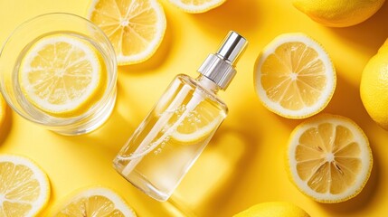 A high-performance setting spray bottle placed next to a glass of infused water with lemon slices.