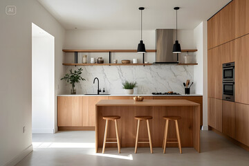 Modern Minimalist Kitchen Design with Wooden Elements and Marble Backsplash.