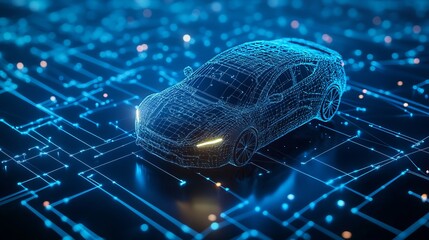 Digital Car Wireframe Model Futuristic Technology Abstract Blue Network Electric Vehicle Innovation Design Modern Automobile Digital Art Graphic      