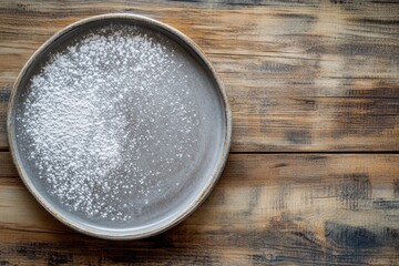 Grey plate with powdered sugar on rustic wood.