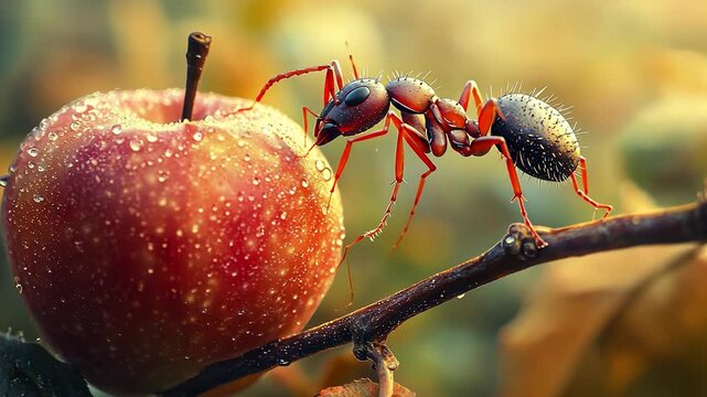 An ant and an apple. Ants in the background blurry apple. A glare of light from a fruit. A tiny insect and a fruit lifestyle.