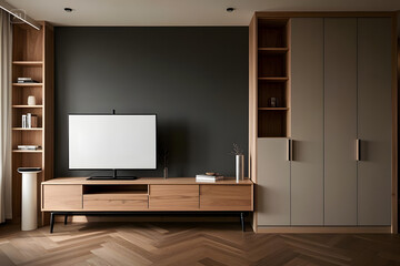 Modern Minimalist Living Room with Wooden Shelving and TV Unit.