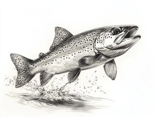 Naklejka premium A Detailed Graphite Illustration of a Leaping Brown Trout Splashing Out of the Water with Striking Realism and Dynamic Motion on a Clean White Background