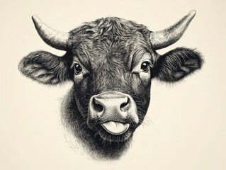 Detailed Pen and Ink Drawing of a Bull Head with Tongue Sticking Out, Black and White Illustration on Light Background, Animal Portrait, Farm Animal Art