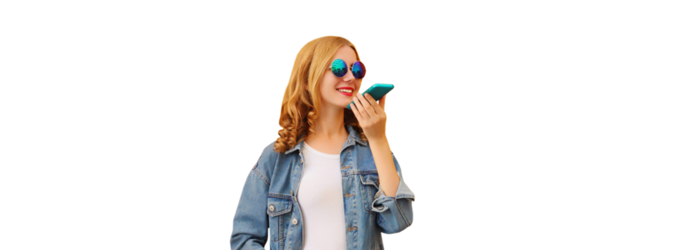 Happy young woman holding talking on the phone, using voice assistant or takes calling on smartphone