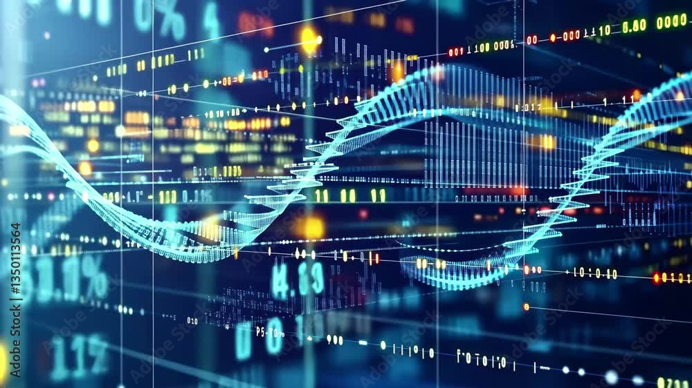 Poster data processing visualizing shapes and dna strands in a digital landscape, data processing over shap