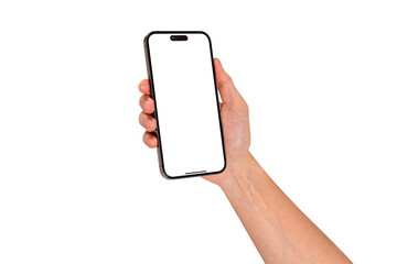 Hand holding smartphone with blank screen isolated on transparent background.
