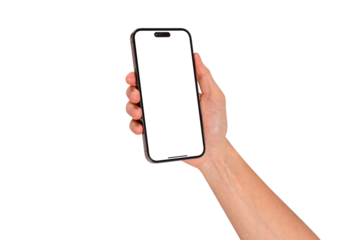 Hand holding smartphone with blank screen isolated on transparent background.
