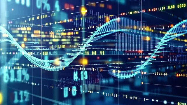 Data processing visualizing shapes and DNA strands in a digital landscape, data processing over shapes and dna strands - Powered by Adobe