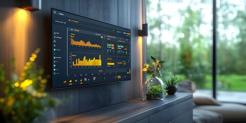 Smart home dashboard displaying analytics and energy usage on modern wall-mounted screen.Futuristic interface with graphs and data integrates seamlessly into stylish, nature-inspired interior design
