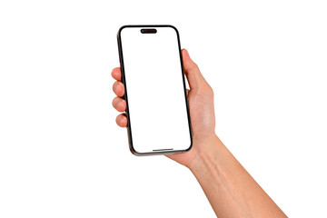 Hand holding smartphone with blank screen isolated on transparent background.

