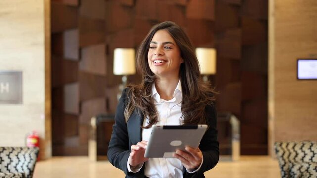 Young, ambitious businesswoman using tablet on the move