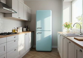 Contemporary kitchen scene, an elegant pastel blue Retro fridge among sleek kitchen cabinets
