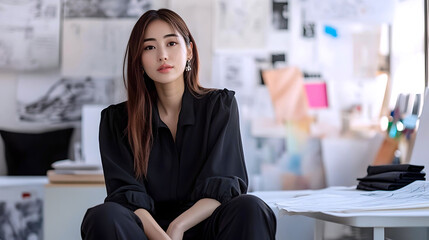 Japanese woman in fashion design workspace  

