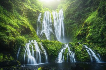 Naklejka premium Serene Waterfall cascading down lush green moss-covered cliffs bathed in soft sunlight creating a tranquil and magical atmosphere.