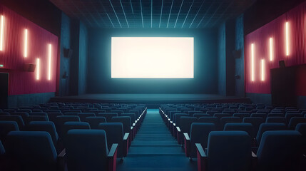 Empty movie theater with a bright screen and rows of seats, suggesting anticipation and entertainment. Ideal for cinema, event planning, and screenwriting concepts.