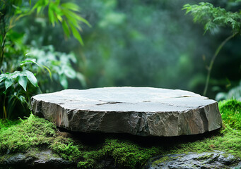 Stone pedestal covered in moss in a misty forest. Natural background with soft light and tall trees.