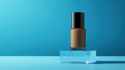 A matte foundation bottle with a minimalistic label standing on a transparent acrylic block.