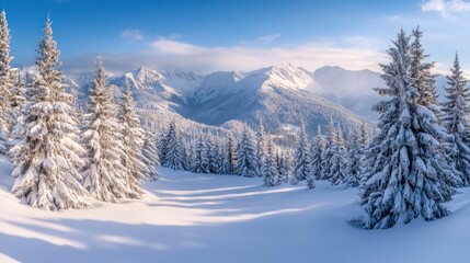Snowy Mountain Peaks and Frosty Pine Trees, Winter Wonderland