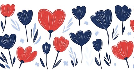 Red and blue stylized floral illustration.
