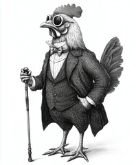 Chicken Wearing Suit, Glasses, and Walking Stick - Black Vintage Engraving on White Background, Modern Retro Woodcut Style, Stylish Funny Gentlemen Cockerel Mascot