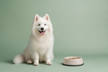 Happy Samoyed dog sitting beside its food bowl.