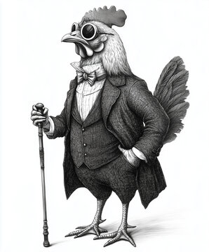 Chicken Wearing Suit, Glasses, and Walking Stick - Black Vintage Engraving on White Background, Modern Retro Woodcut Style, Stylish Funny Gentlemen Cockerel Mascot