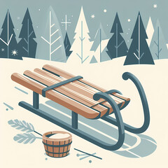 Flat vector illustration of a classic wooden sled for winter rides, clean and minimal geometric design in cold tones, nostalgic snow transport concept for holiday and seasonal family fun scenes