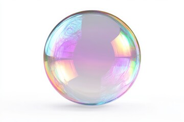 A shimmering iridescent soap bubble floats against a stark white background, capturing light's ethereal dance in its delicate, fragile form.