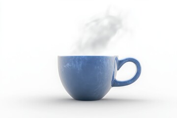 A steaming blue mug promises warmth and comfort on a quiet morning with soft light and a minimalist white background.