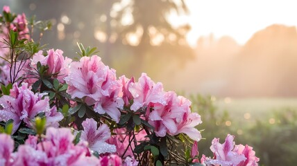 A close-up of vibrant azaleas covered in fresh morning dew. The water droplets on the petals sparkle in the morning sunlight.