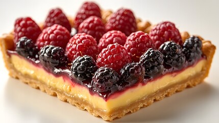 Delicious Raspberry Blackberry Tart Slice on White Background