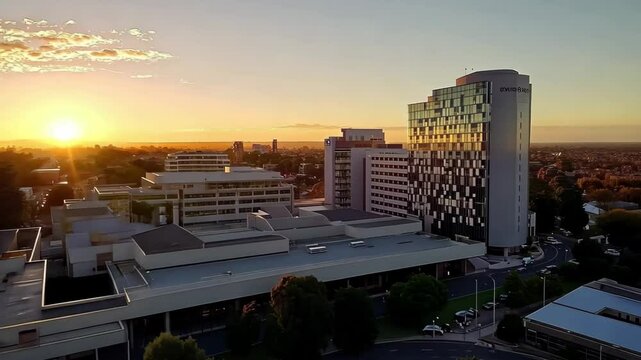 Stunning aerial sunset over Sir Charles Gairdner Hospital in Perth, Aerial sunset view Sir Charles Gairdner Hospital Perth