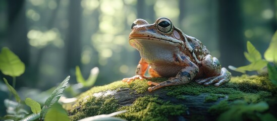 A frog perched on a mossy log in a sun-dappled forest.