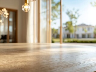 Wooden Table Interior with Soft Lighting and Blurred House View Sunlight Shining Through Window