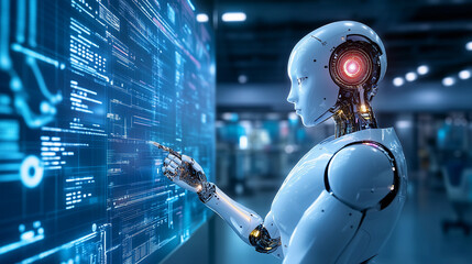 Ultra-Realistic Futuristic AI Robot in a High-Tech Laboratory with Holographic Displays