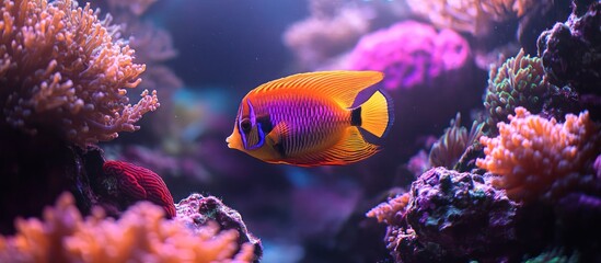 Obraz premium Vibrant orange and purple fish swimming amidst coral reef.