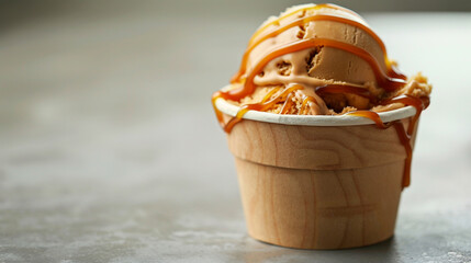 Fototapeta premium Delicious scoop of caramel ice cream served in a wooden bowl topped with drizzled caramel sauce