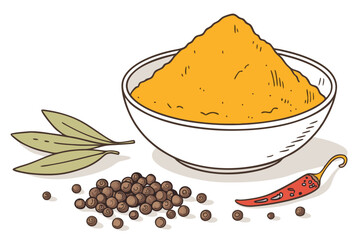 42 Vibrant orange spice powder, Heaping mound in white bowl, Turmeric or curry powder, Fine ground texture, Aromatic seasoning, Culinary photography, Bright color contrast, Isolated on white backgroun