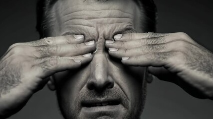 Close-up of distressed man covering eyes with hands, expressing denial or emotional distress, unwilling to see a harsh reality. Dramatic black and white film noir portrait.
