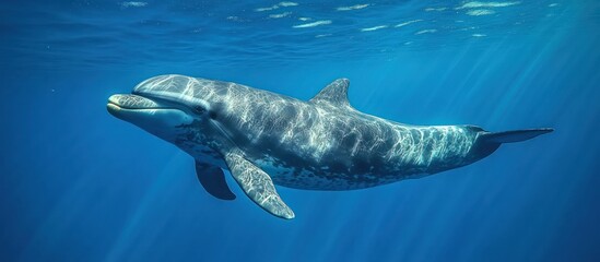 Fototapeta premium A dolphin swims gracefully underwater, sunlight illuminating its sleek body.